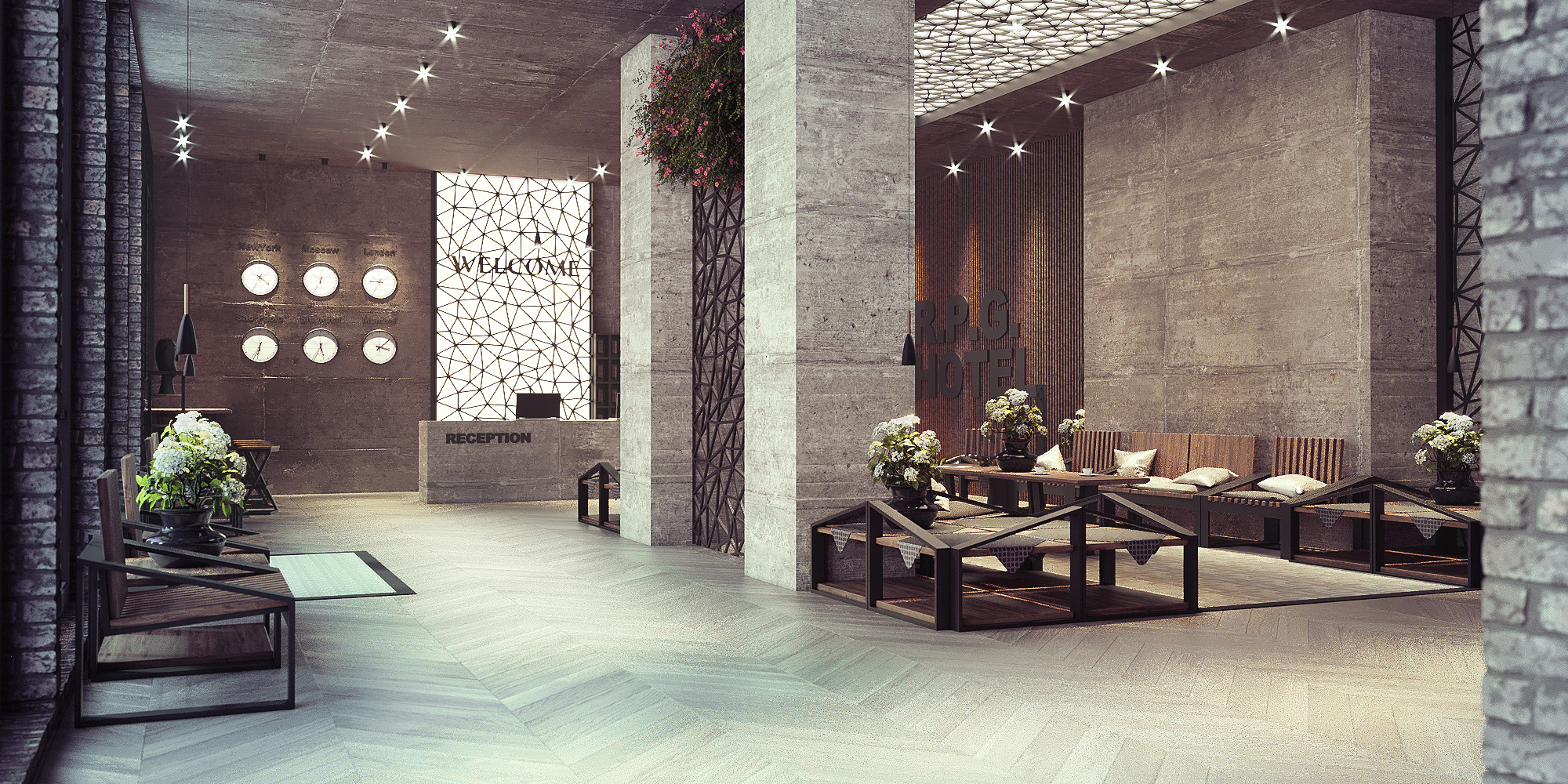 Recepcja lobby hotelowe w loftowym stylu ze stali i drewna